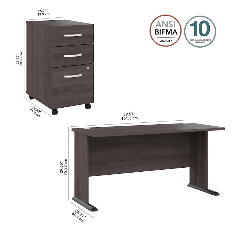 60" Computerschreibtisch mit mobilem Rollcontainer mit 3 Schubladen