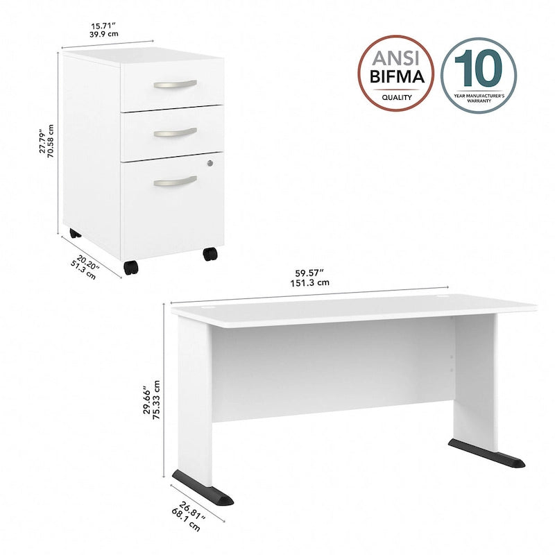 60" Computerschreibtisch mit mobilem Rollcontainer mit 3 Schubladen