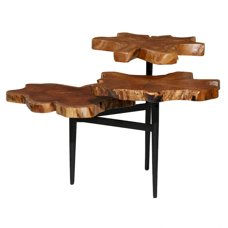 Tavolino d'accento rotondo a 3 ripiani in legno massello di teak, con bordo vivo e base in metallo nero