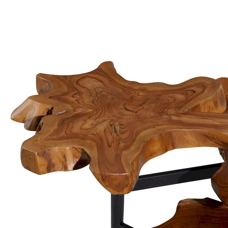 Tavolino d'accento rotondo a 3 ripiani in legno massello di teak, con bordo vivo e base in metallo nero