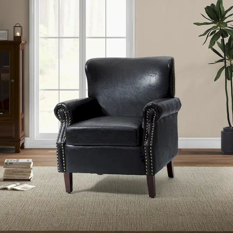 Fauteuil de transition en similicuir végétalien avec accoudoirs roulés et garniture cloutée