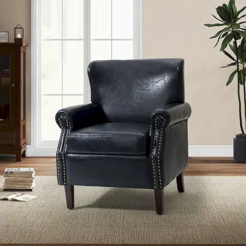 Transitional Vegan Leather Armchair with Rolled Arms and Nailhead Trim