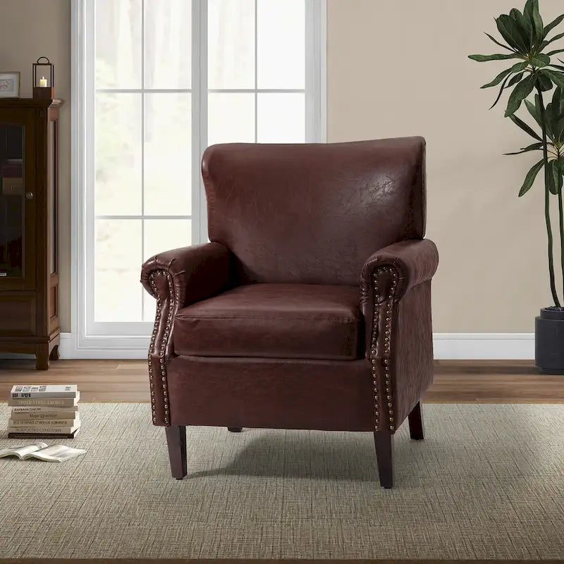 Transitional Vegan Leather Armchair with Rolled Arms and Nailhead Trim