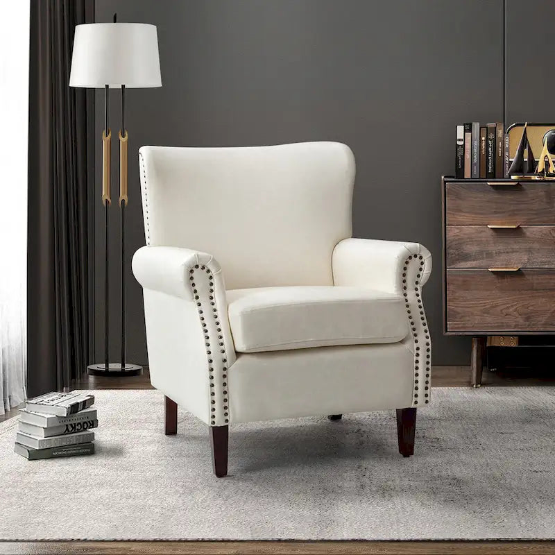 Fauteuil de transition en similicuir végétalien avec accoudoirs roulés et garniture cloutée