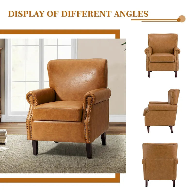 Poltrona di transizione in pelle vegana con braccioli arrotolati e rifinitura con borchie