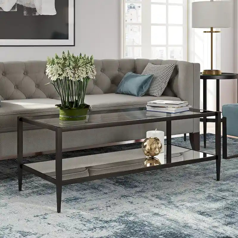 Rechteckiger Couchtisch mit Glasplatte und Spiegelablage