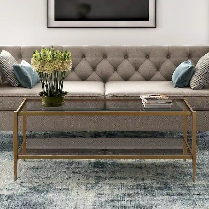 Rectangular Glass Top Coffee Table with Mirror Shelf