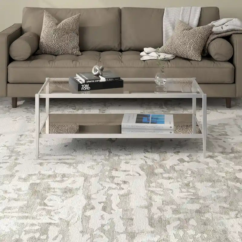 Rechteckiger Couchtisch mit Glasplatte und Spiegelablage