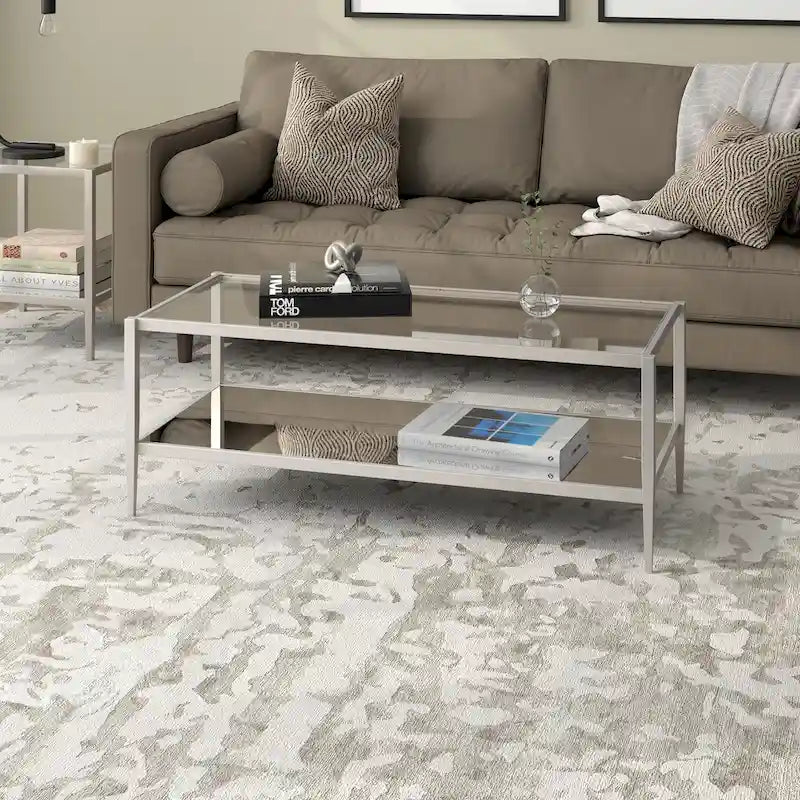 Rechteckiger Couchtisch mit Glasplatte und Spiegelablage