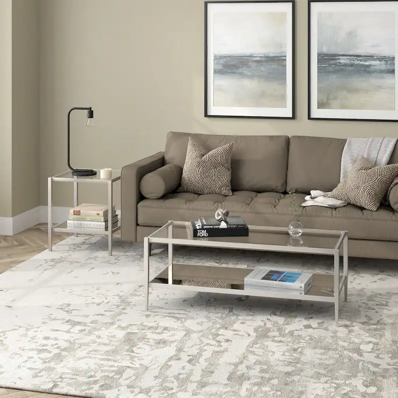 Rechteckiger Couchtisch mit Glasplatte und Spiegelablage