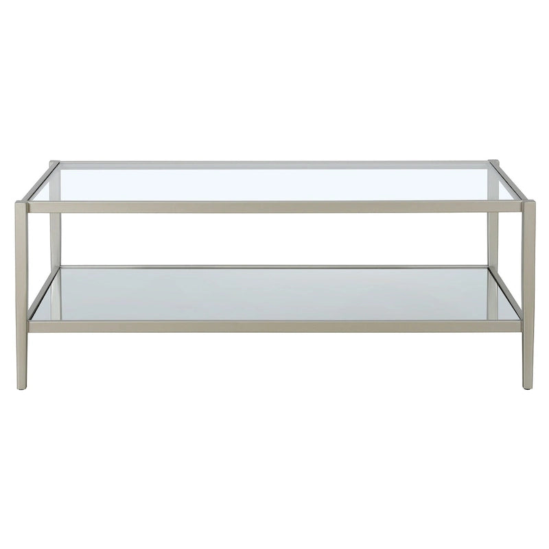 Rechteckiger Couchtisch mit Glasplatte und Spiegelablage