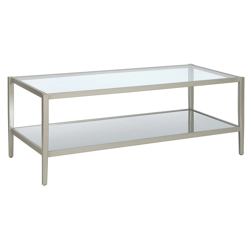 Rechteckiger Couchtisch mit Glasplatte und Spiegelablage