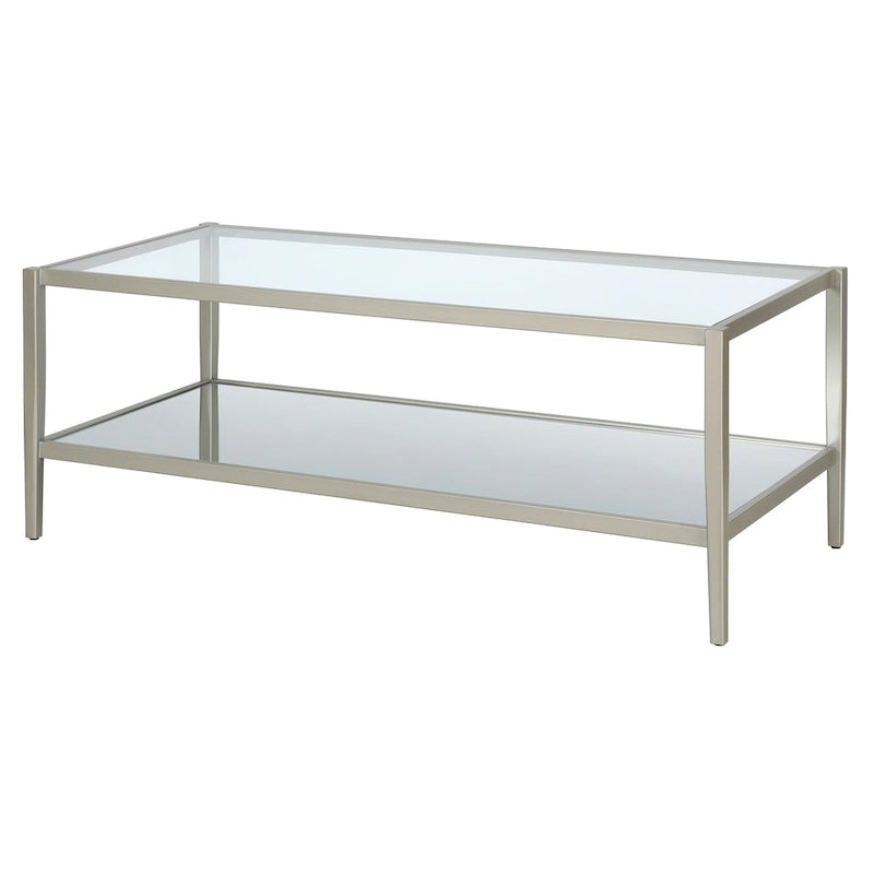 Rechteckiger Couchtisch mit Glasplatte und Spiegelablage