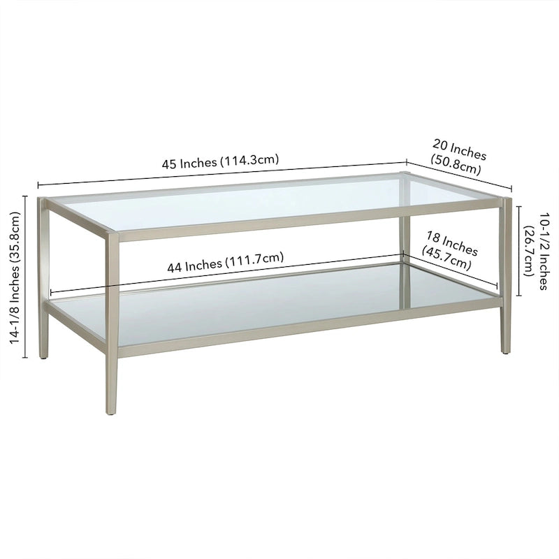 Rechteckiger Couchtisch mit Glasplatte und Spiegelablage