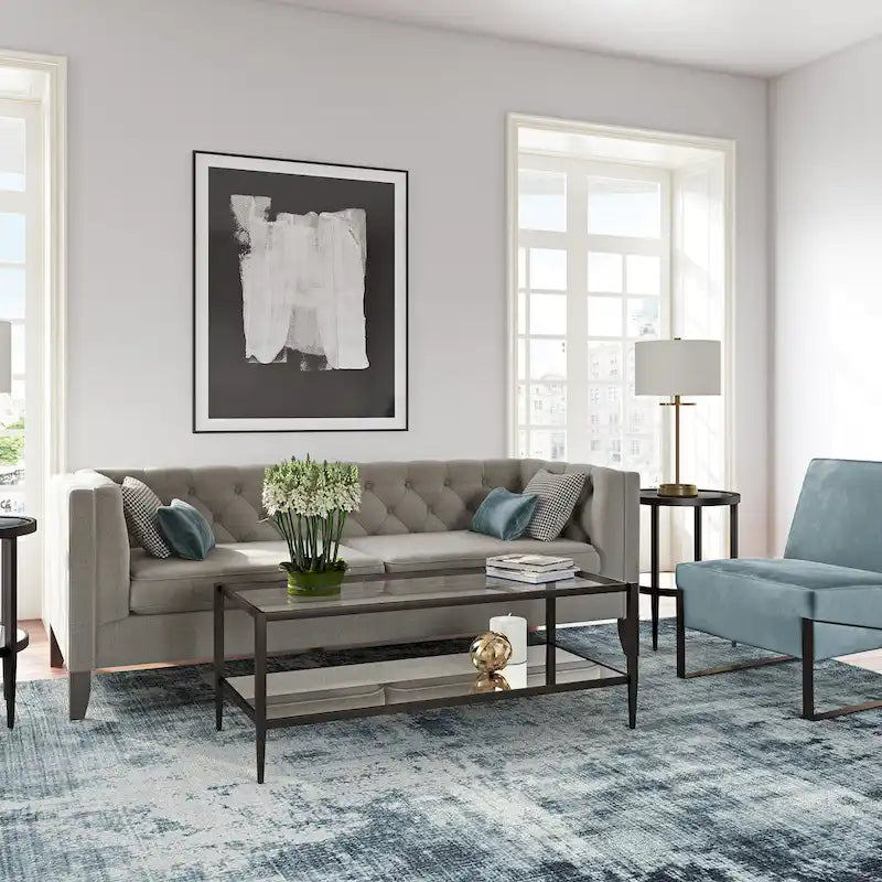 Rechteckiger Couchtisch mit Glasplatte und Spiegelablage