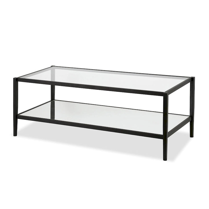Rechteckiger Couchtisch mit Glasplatte und Spiegelablage