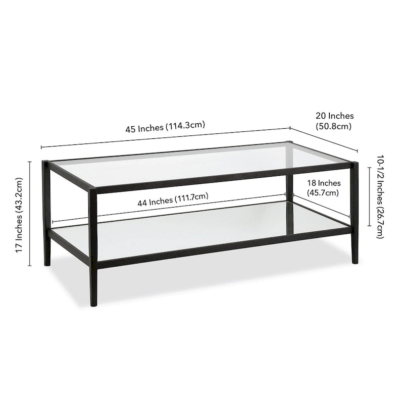 Rechteckiger Couchtisch mit Glasplatte und Spiegelablage