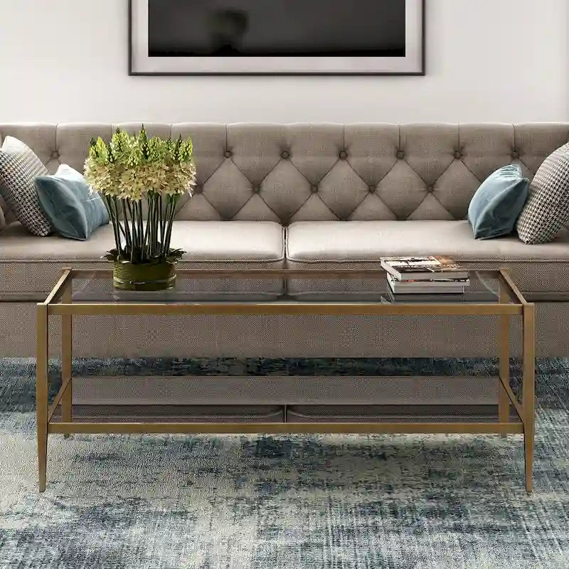 Rechteckiger Couchtisch mit Glasplatte und Spiegelablage
