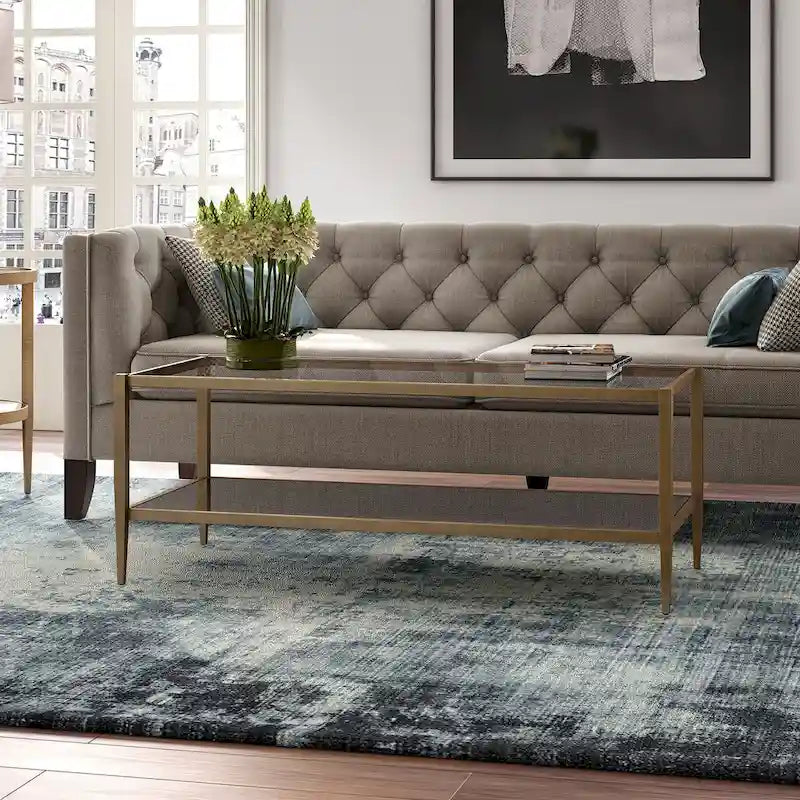 Rechteckiger Couchtisch mit Glasplatte und Spiegelablage