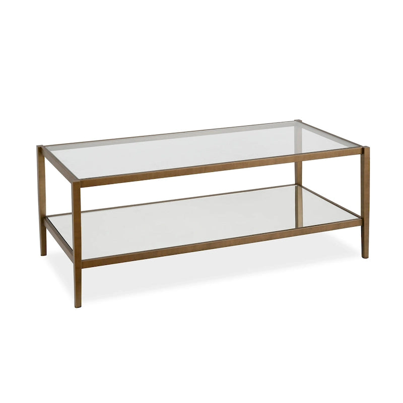 Rechteckiger Couchtisch mit Glasplatte und Spiegelablage
