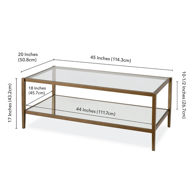 Rechteckiger Couchtisch mit Glasplatte und Spiegelablage