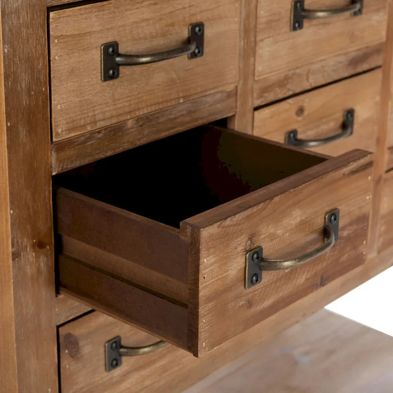 Akzentschrank aus Tannenholz mit 9 Schubladen und unterer Ablage – Finish in Natureiche