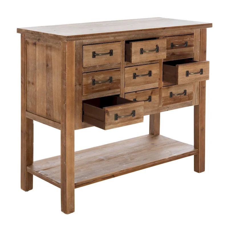 Akzentschrank aus Tannenholz mit 9 Schubladen und unterer Ablage – Finish in Natureiche