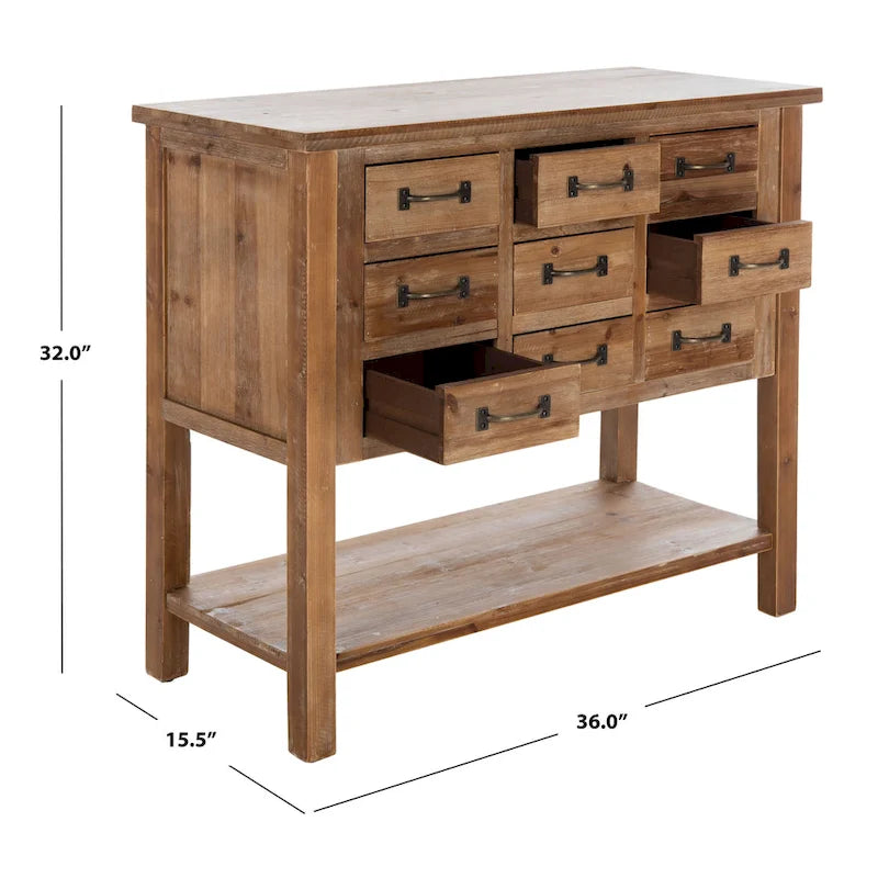 Akzentschrank aus Tannenholz mit 9 Schubladen und unterer Ablage – Finish in Natureiche