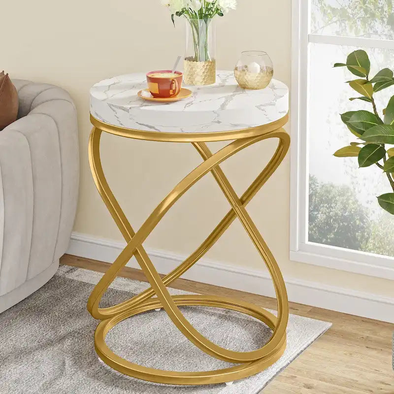 Round Faux Marble Top Side Table with Gold Metal Frame