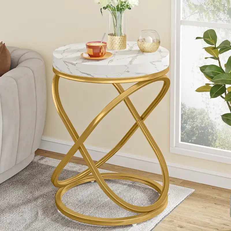 Round Faux Marble Top Side Table with Gold Metal Frame