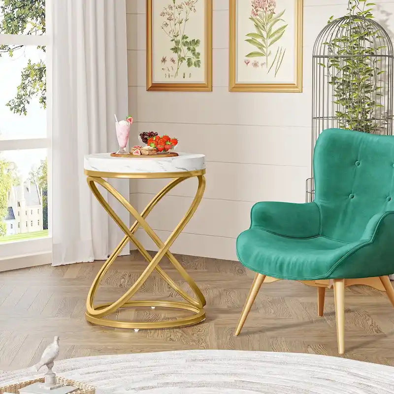Round Faux Marble Top Side Table with Gold Metal Frame