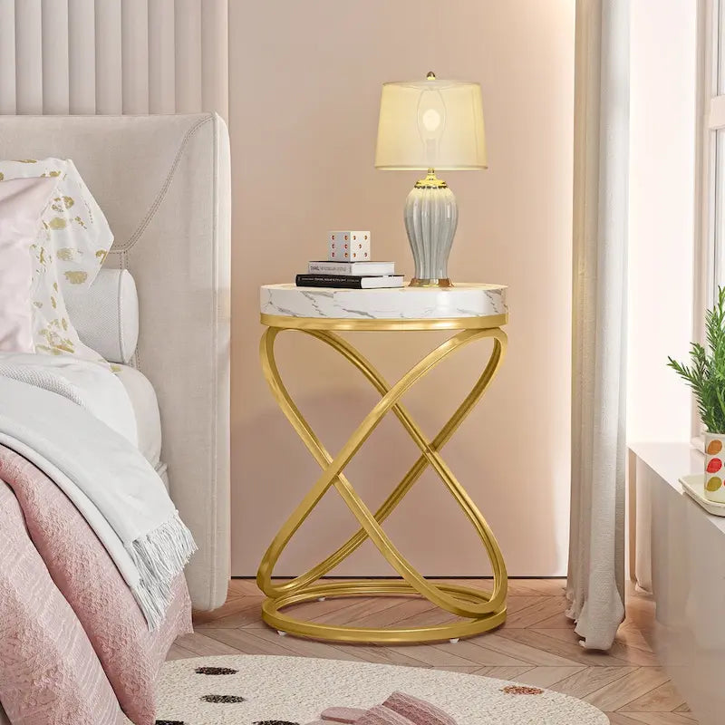 Round Faux Marble Top Side Table with Gold Metal Frame
