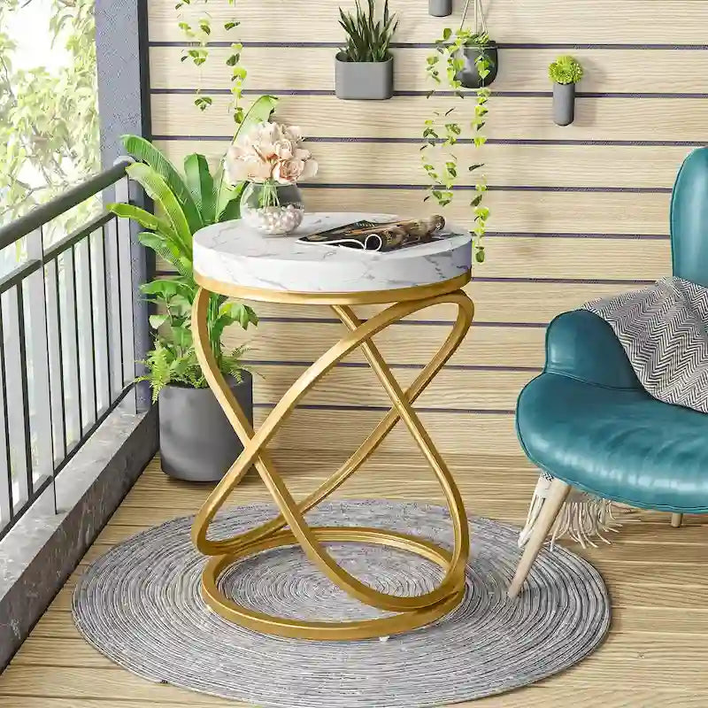 Round Faux Marble Top Side Table with Gold Metal Frame