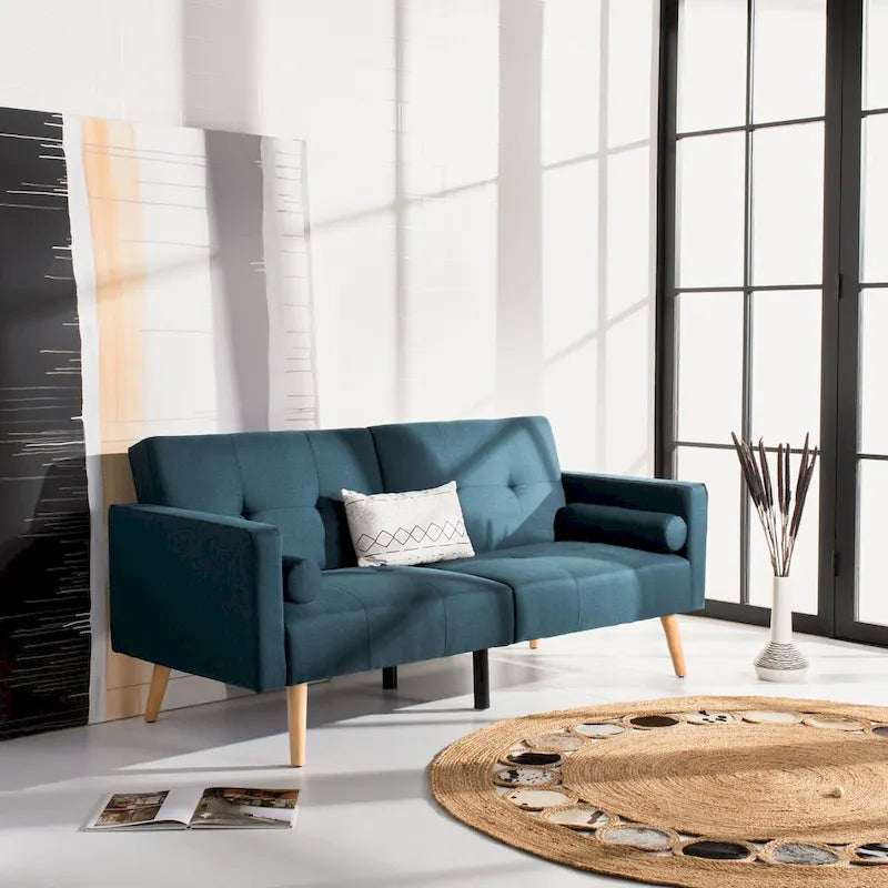 Foldable Futon Sofa Bed with Pillow and Wood Legs
