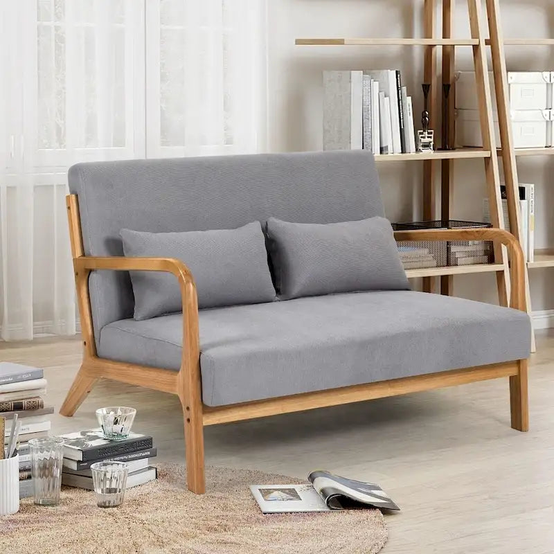 Canapé d'appoint en lin 2 places de style mi-siècle avec structure en bois massif