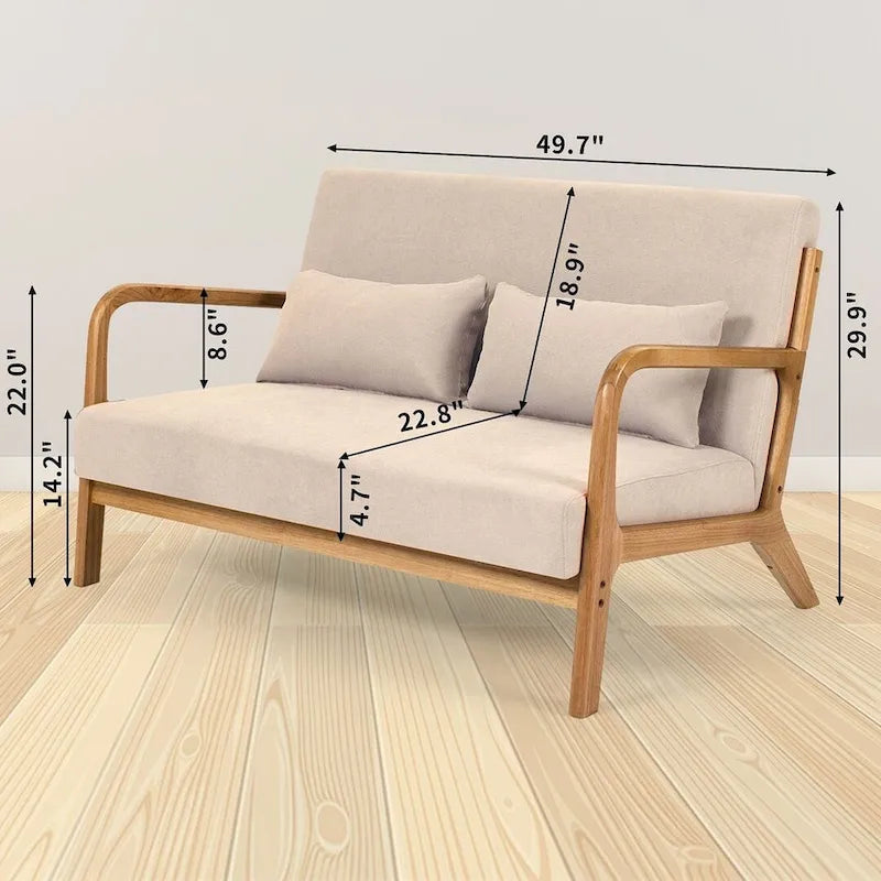 Lněná akcentní pohovka pro 2 osoby v moderním stylu poloviny století s rámem z masivního dřeva