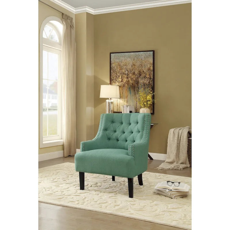 Teal Chenille Accent Chair with Button-Tufted Back and Nailhead Trim