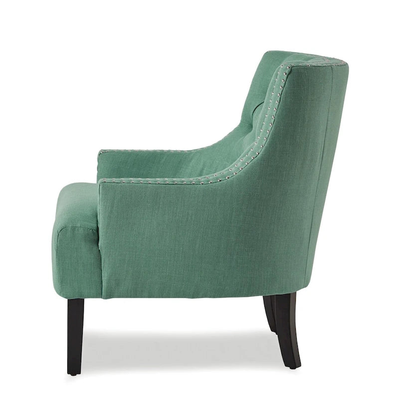 Teal Chenille Accent Chair with Button-Tufted Back and Nailhead Trim