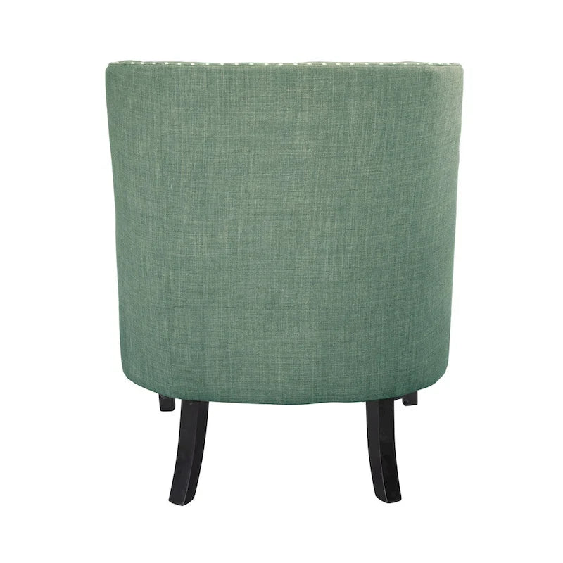 Poltrona d'accento in ciniglia color verde petrolio con schienale trapuntato a bottoni e bordino con borchie