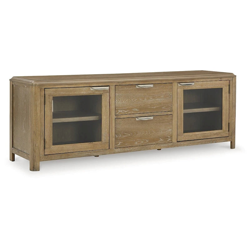 79" Oak Finish TV Stand with Glass-Door Cabinet and 2 Drawers