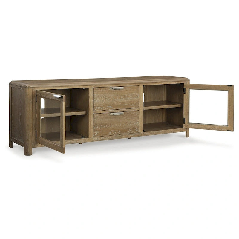 79" Oak Finish TV Stand with Glass-Door Cabinet and 2 Drawers