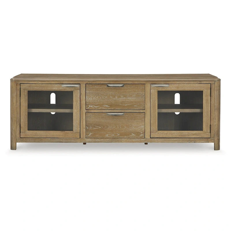 79" Oak Finish TV Stand with Glass-Door Cabinet and 2 Drawers