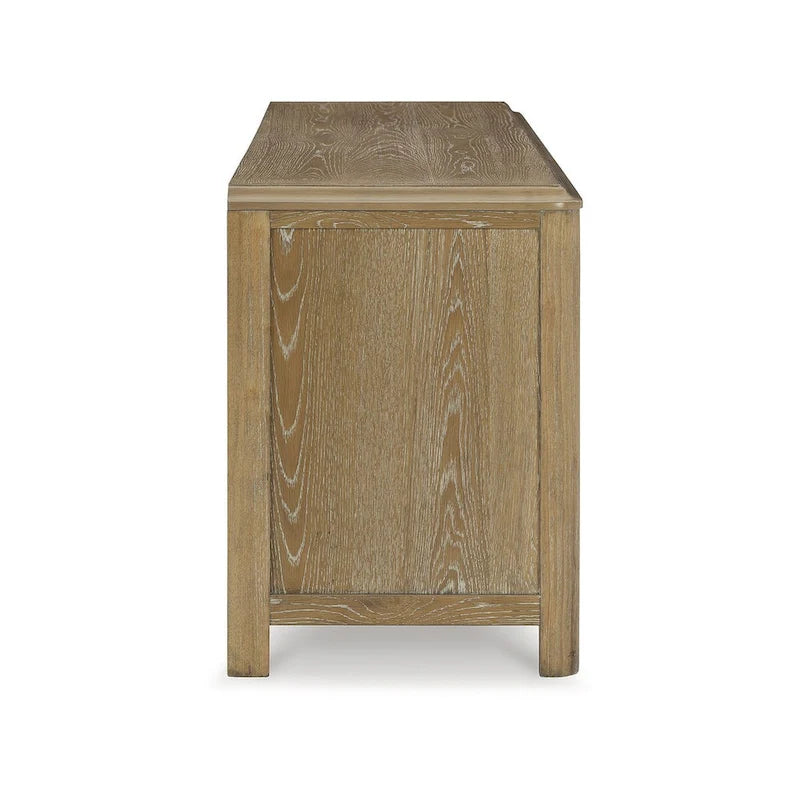 79" Oak Finish TV Stand with Glass-Door Cabinet and 2 Drawers