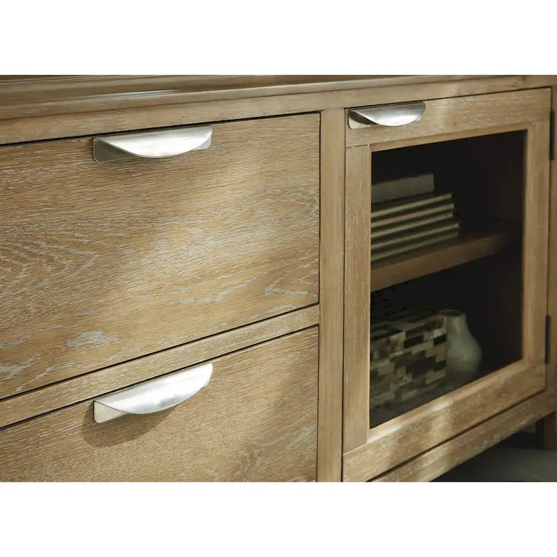 79" Oak Finish TV Stand with Glass-Door Cabinet and 2 Drawers
