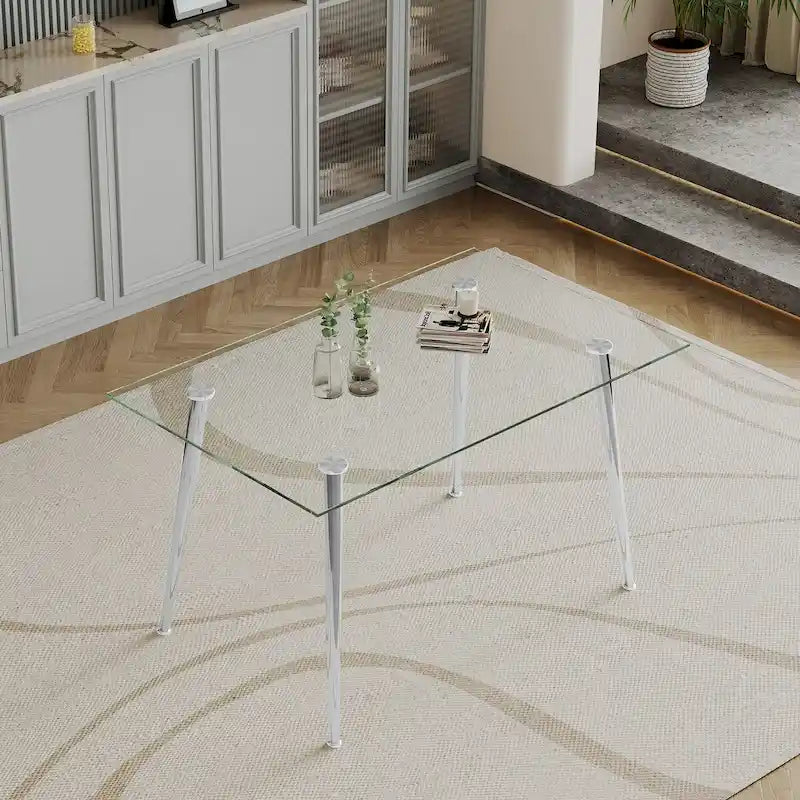 Esstisch aus gehärtetem Glas mit Beinen aus Edelstahl
