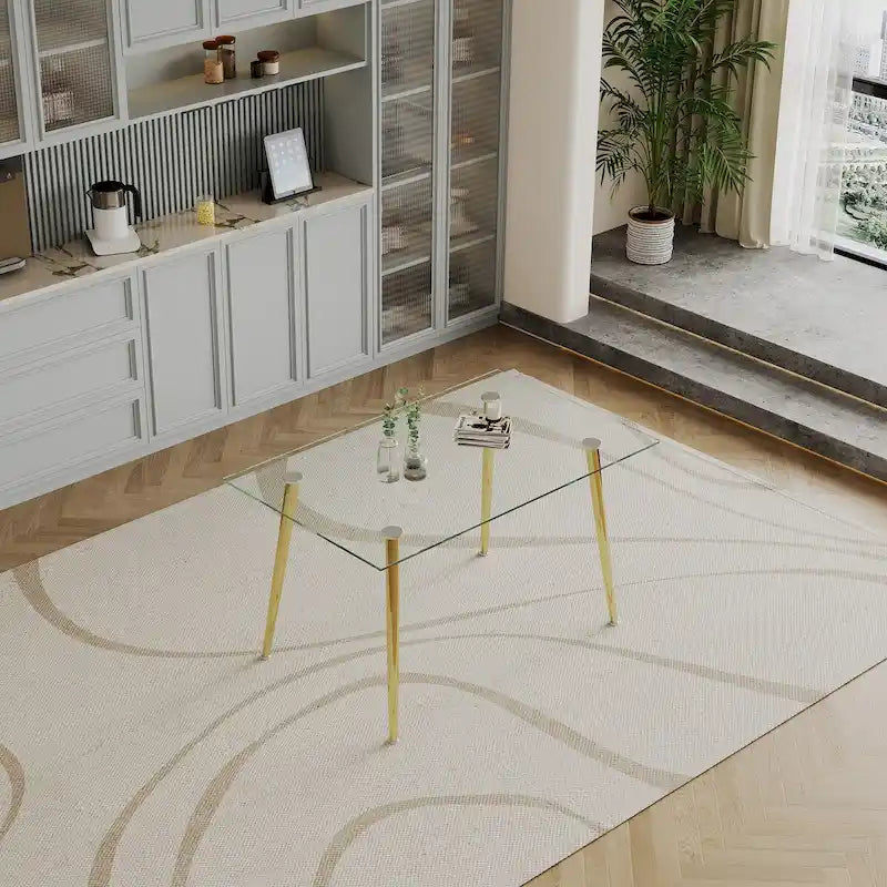 Esstisch aus gehärtetem Glas mit Beinen aus Edelstahl