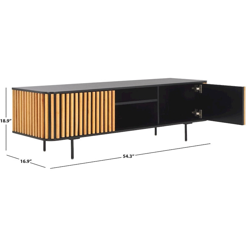 54" Slatted Wood Media Stand with 2 Doors, 2 Open Shelves and Black Metal Base