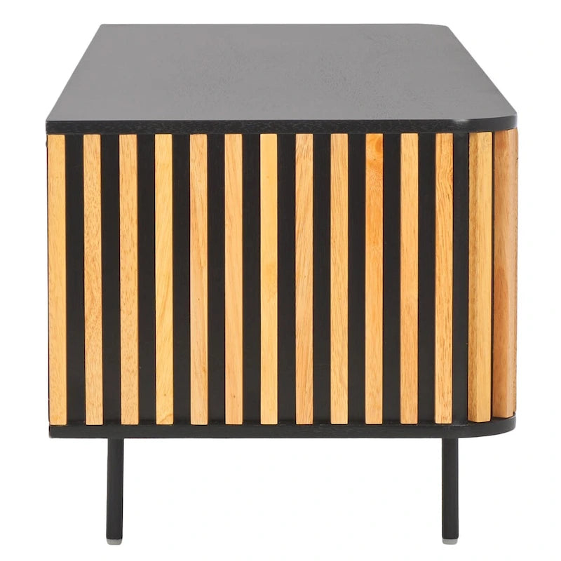 54" Slatted Wood Media Stand with 2 Doors, 2 Open Shelves and Black Metal Base