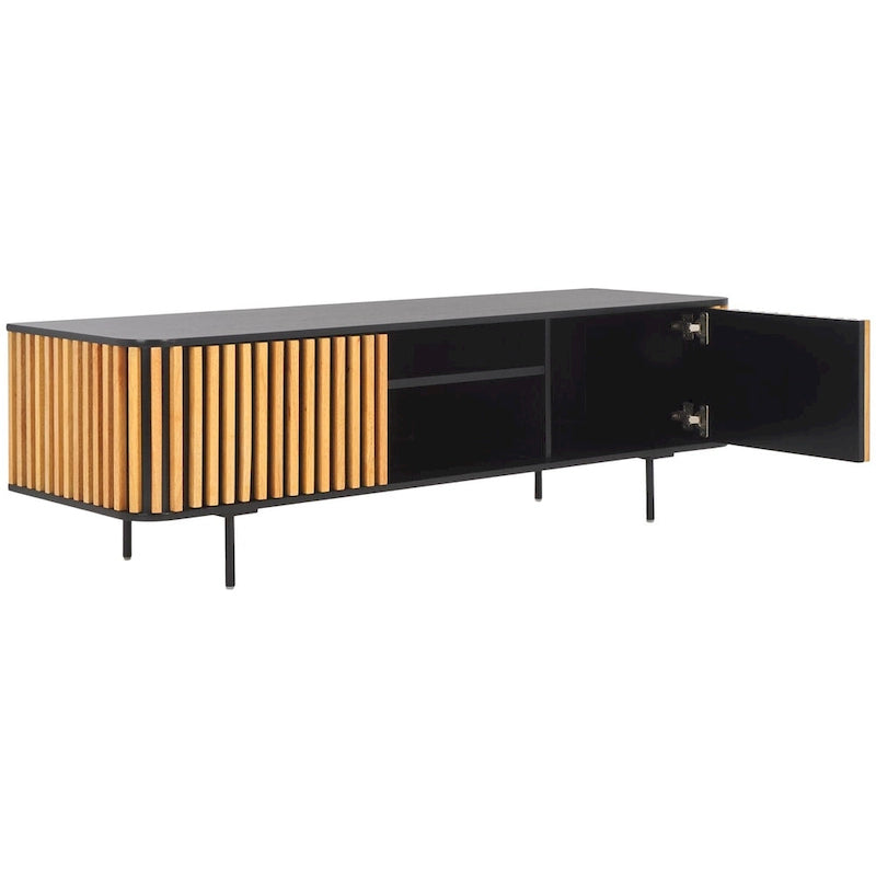 54" Slatted Wood Media Stand with 2 Doors, 2 Open Shelves and Black Metal Base