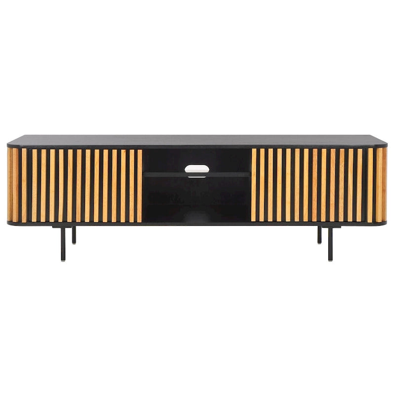 54" Slatted Wood Media Stand with 2 Doors, 2 Open Shelves and Black Metal Base
